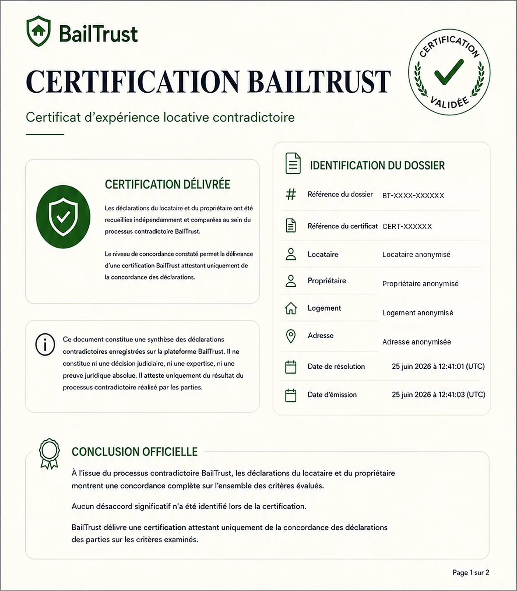 Première page anonymisée du certificat BailTrust